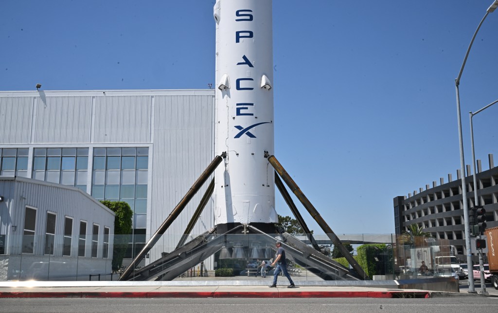     alcon 9 Booster at SpaceX headquarters in Hawthorne, California.